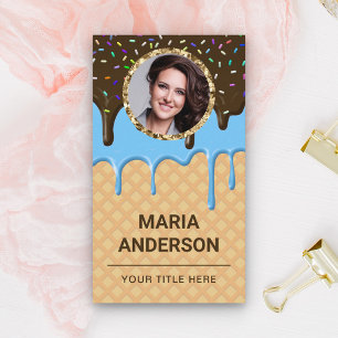 Tarjeta De Visita Chef de Pastelería Foto Drip Glaseado Azul Waffle