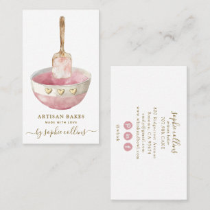 Tarjeta De Visita Chef de Pastelería Rosa Dorado Acuarela Panadería