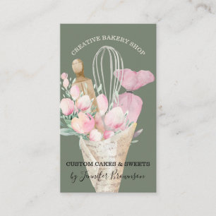 Tarjeta De Visita Chef de Repostería Salvia Flores Rosadas Boho Pana