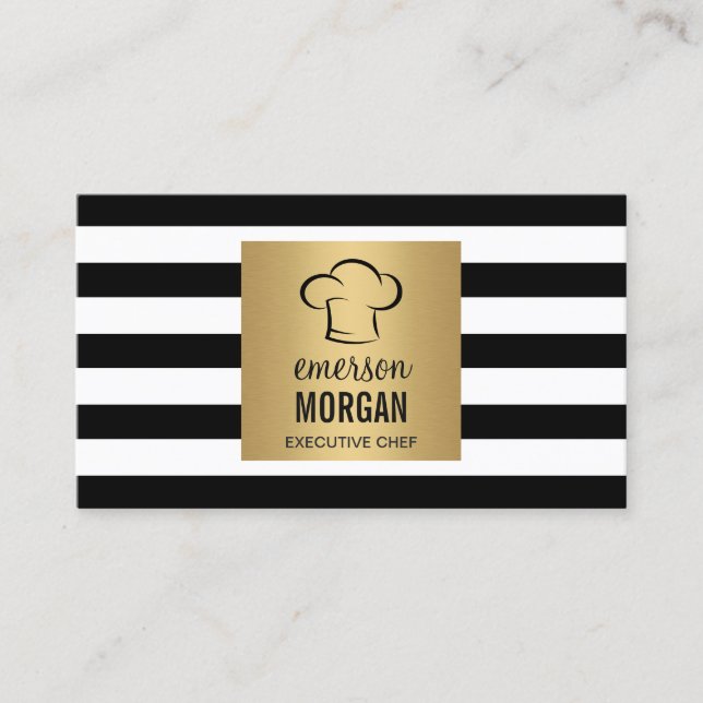 Tarjeta De Visita Chef ejecutivo Gorra Gold Square Black White Strip (Anverso)