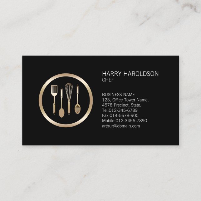 Tarjeta De Visita Chef Faux Gold Cooking Utensisis Business Card (Anverso)