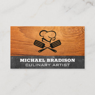 Tarjeta De Visita Chef Gorra y Spatulas   Madera y pizarra