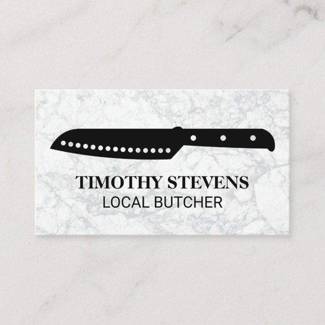 Tarjeta De Visita Chef Knife | Fondo de Mármol Blanco (Anverso)