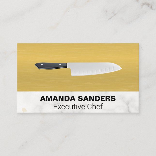 Tarjeta De Visita Chef Knife | Mármol de textura dorada (Anverso)