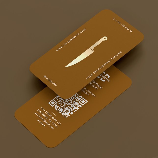 Tarjeta De Visita Chef moderno Carnicero de Cuchillo de Oro Caterer  (Modern Chef Gold Knife Butcher Caterer Brown Business Card
)
