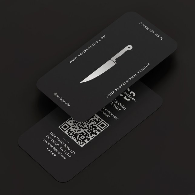 Tarjeta De Visita Chef moderno Carnicero de Cuchillo Plateado Negro (Modern Chef Black Silver Knife Butcher Caterer Business Card
)