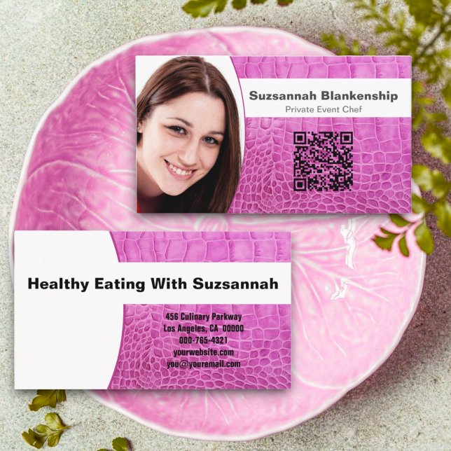 Tarjeta De Visita Chef Personalizado de textura de cuero rosa Foto C (front and back business card)