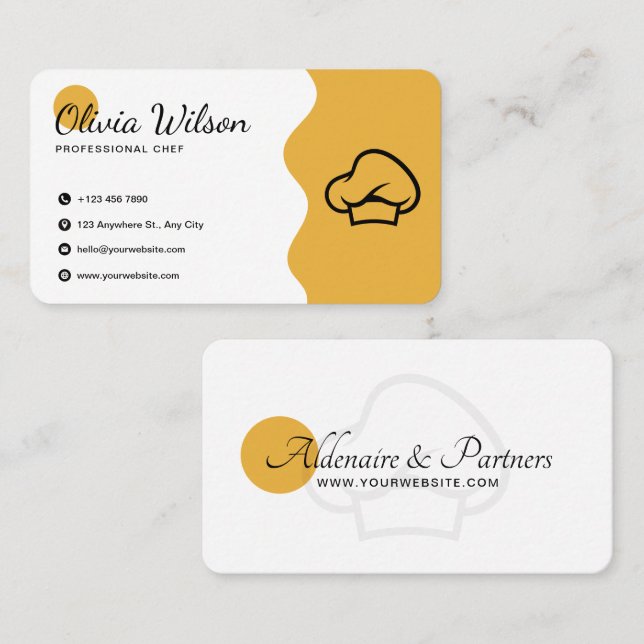 Tarjeta De Visita Chef profesional amarillo blanco moderno con direc (Anverso / Reverso)