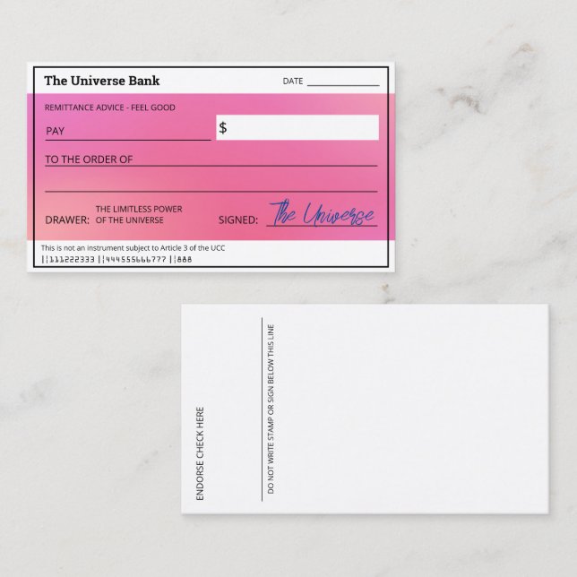 Tarjeta De Visita Cheque en blanco: Ley de Aura Rosa, abundancia de  (Anverso / Reverso)