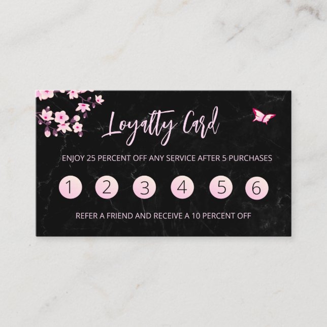 Tarjeta De Visita Cherry Blossom Lealty Card Pink Black Marble (Anverso)