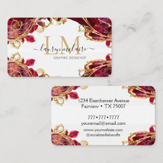 Tarjeta De Visita Cherry Red & Gold Monogram Script