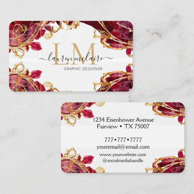 Tarjeta De Visita Cherry Red & Gold Monogram Script (Anverso / Reverso)
