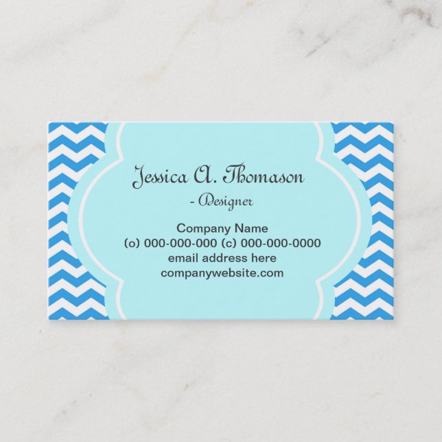 Tarjeta De Visita Chevron azul moderno, elegante y encantador (Anverso)