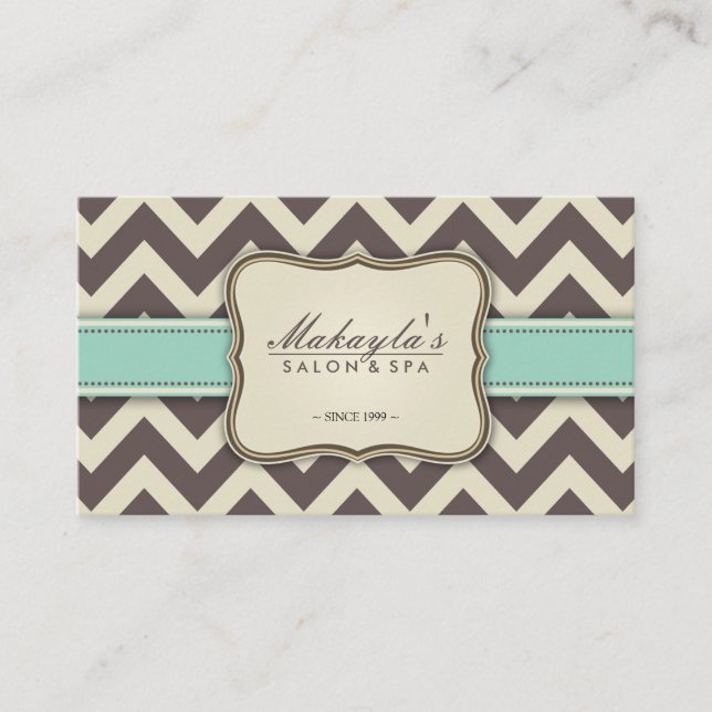 Tarjeta De Visita Chevron elegante Brown moderno, verde y beige (Anverso)
