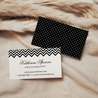 Tarjeta De Visita Chevron moderno negro y blanco y puntos de polka