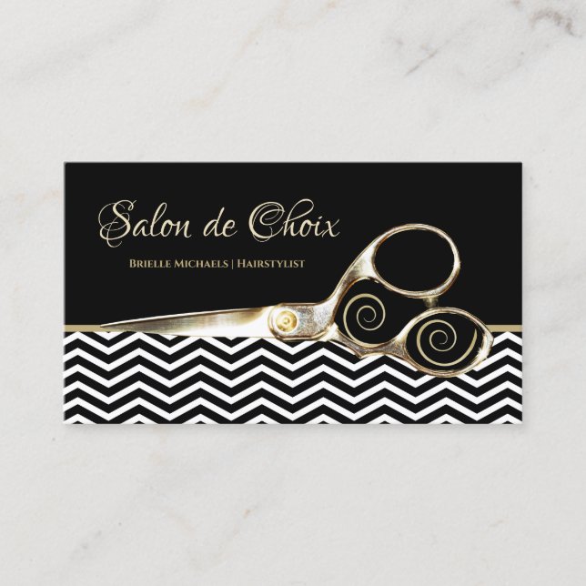 Tarjeta De Visita Chevron Stripes Salon Gold Hairstylist Scisors (Anverso)
