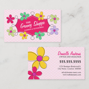 Tarjeta De Visita Chevron Zigzag Marco de Doodle Floral Rosa
