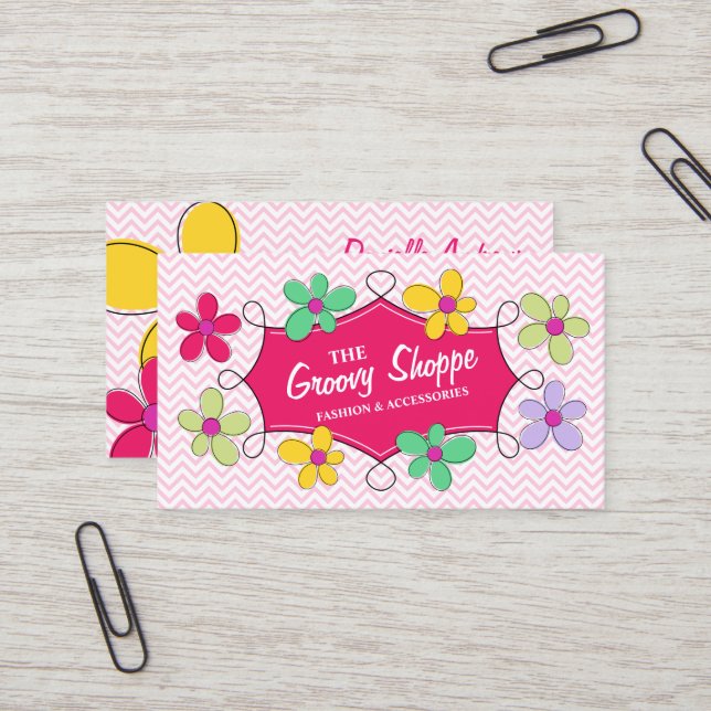 Tarjeta De Visita Chevron Zigzag Marco de Doodle Floral Rosa (Anverso/Reverso In Situ)