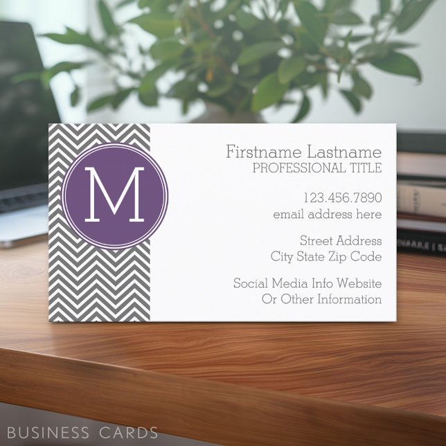 Tarjeta De Visita Chevrras grises con monograma Personalizado clásic (Custom Business Card - Online Template Plus Low Quantity Printing)