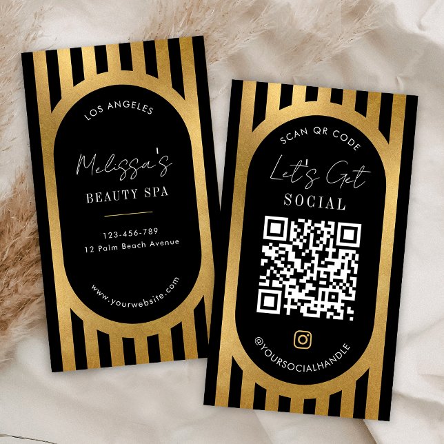 Tarjeta De Visita Chic Black & Gold Stripes Social Media QR Code (Subido por el creador)