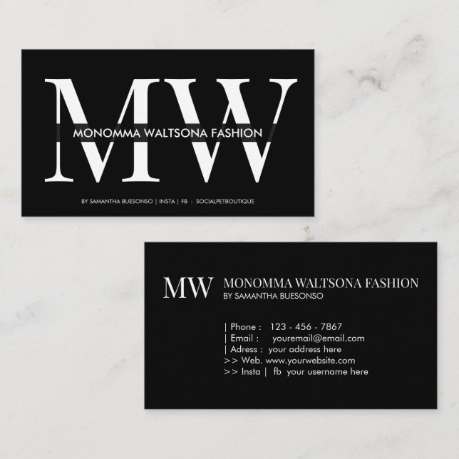 Tarjeta De Visita Chic black typography monogram lettering name (Anverso / Reverso)