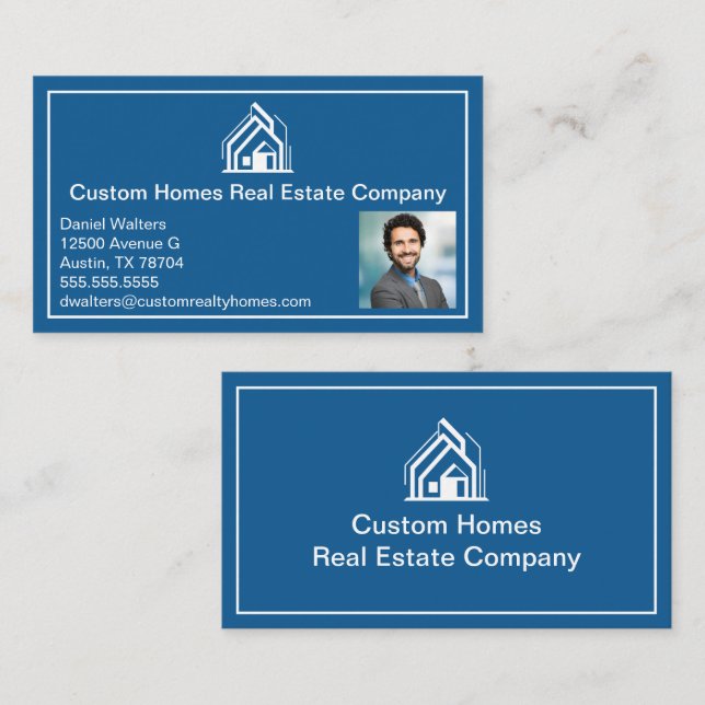 Tarjeta De Visita Chic Blue White Real Estate Company Realtor Photo (Anverso / Reverso)