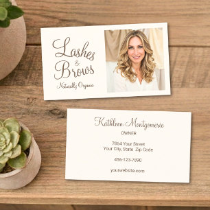 Tarjeta De Visita Chic Cream Mocha Script Foto Pestañas y Cejas