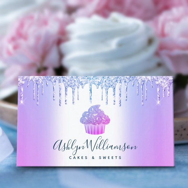 Tarjeta De Visita Chic Cupcake Bakery Chef Glitter Drips Purple Blue (Subido por el creador)