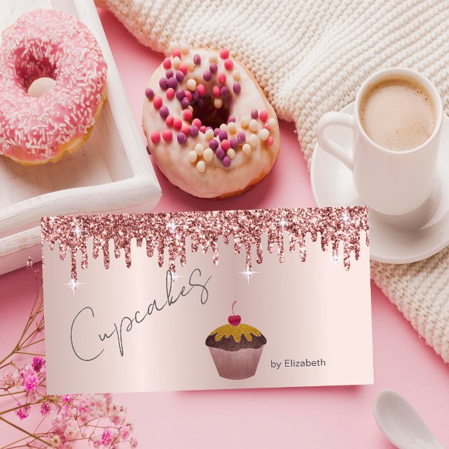 Tarjeta De Visita  Chic Cupcakes Cherry Rose Gold Drips  (Subido por el creador)