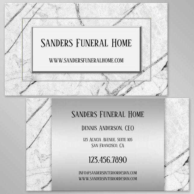 Tarjeta de visita chic de mármol gris plateado (Business card featuring a black and white marble design with silver lining - undertaker - cremation)