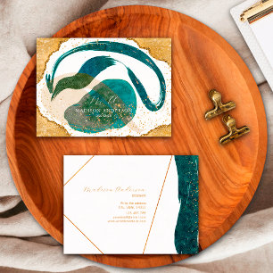 Tarjeta De Visita Chic Elegante Glitter Dorado Teal Único Acuarela