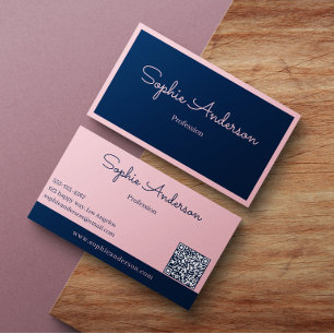 Tarjeta De Visita Chic Elegante Rosa y Azul Marino con Código QR 