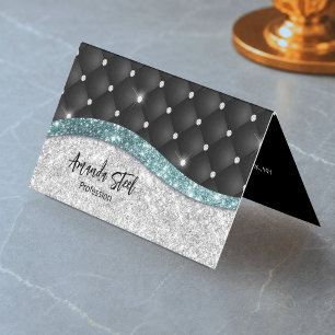 Tarjeta De Visita Chic femenino monograma falso plateado brillo negr