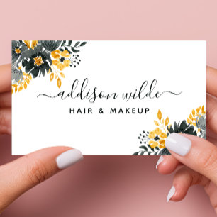Tarjeta De Visita Chic Floral Moderno Acuarela Negro y Dorado