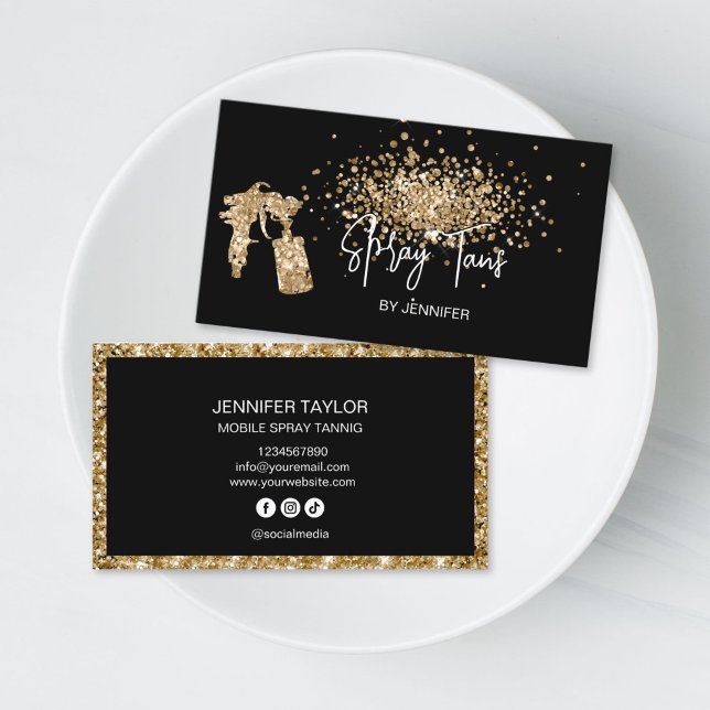Tarjeta De Visita Chic Glitter Mobile Spray Tans Black Gold Tanning (spray tanning glitter gold business card)