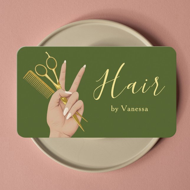 Tarjeta De Visita Chic Hair Salon Hairstylist Hairdresser Moss Green (Subido por el creador)