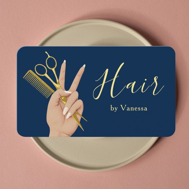 Tarjeta De Visita Chic Hair Salon Hairstylist Hairdresser Navy Blue (Subido por el creador)