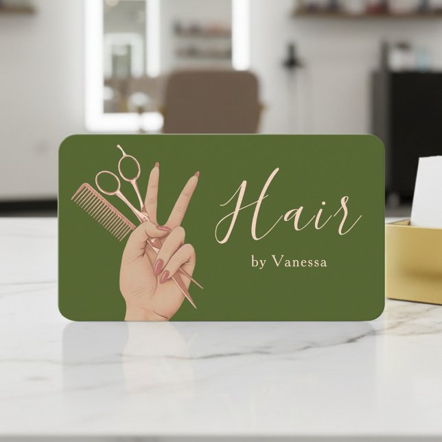 Tarjeta De Visita Chic Hairstylist Hairdresser Moss Green Rose Gold (Subido por el creador)