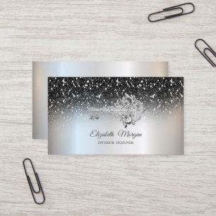 Tarjeta De Visita Chic Kay Vintage Negro Lentejuelas Plateado
