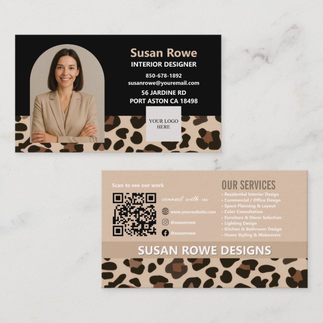 Tarjeta De Visita Chic Leopard Black and Beige QR Code Arch Photo (Anverso / Reverso)