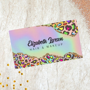 Tarjeta De Visita Chic Leopardo Iridescente Salón de Belleza Holográ