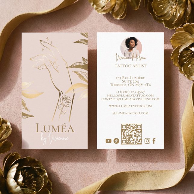 Tarjeta De Visita Chic Luxury Blush Pink Gold Tattoo Studio Artist (Chic Luxury Blush Pink Gold Tattoo Studio Artist Business Card)