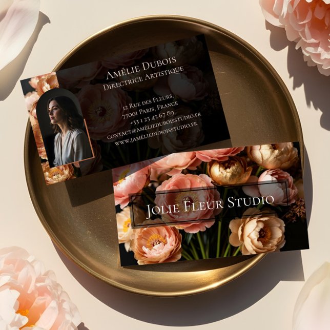 Tarjeta De Visita Chic Moody Elegant Peony Luxury Feminine Photo (Chic Moody Elegant Peony Luxury Feminine Photo Business Card)