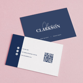 Tarjeta De Visita Chic Navy Blanco Código Qr Minimalista