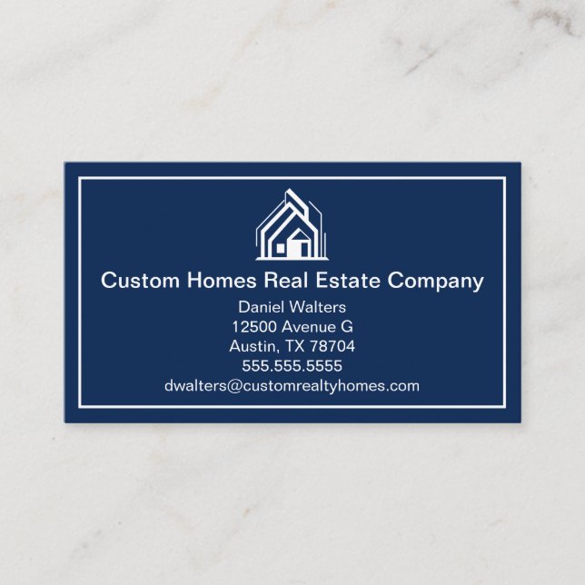 Tarjeta De Visita Chic Navy Blue Real Estate Company House (Anverso)