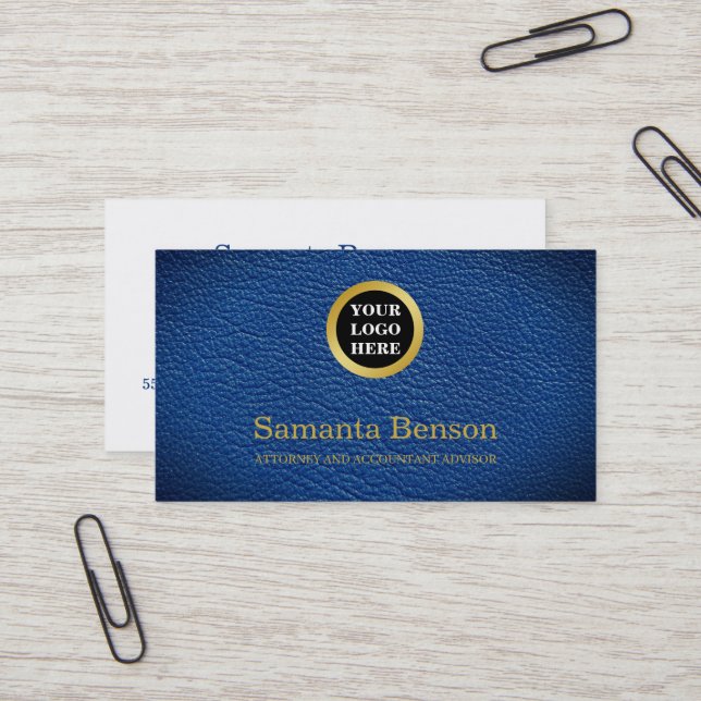 Tarjeta De Visita Chic Navy Leather Professional Round Gold Logo (Anverso/Reverso In Situ)