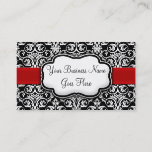 Tarjeta De Visita Chic Negro/Blanco Damask Cinta Roja