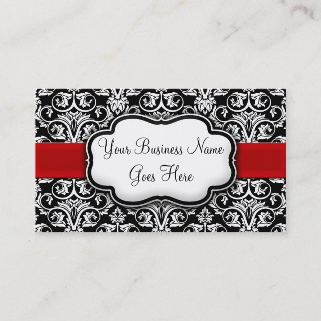 Tarjeta De Visita Chic Negro/Blanco Damask Cinta Roja (Anverso)