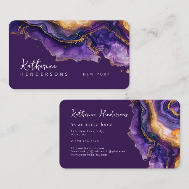 Tarjeta De Visita Chic Purple Agate gold glitter marble Professional (Anverso / Reverso)