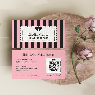 Tarjeta De Visita Chic Rosa Rayas Negras Bordes Escalonados y Lazo
